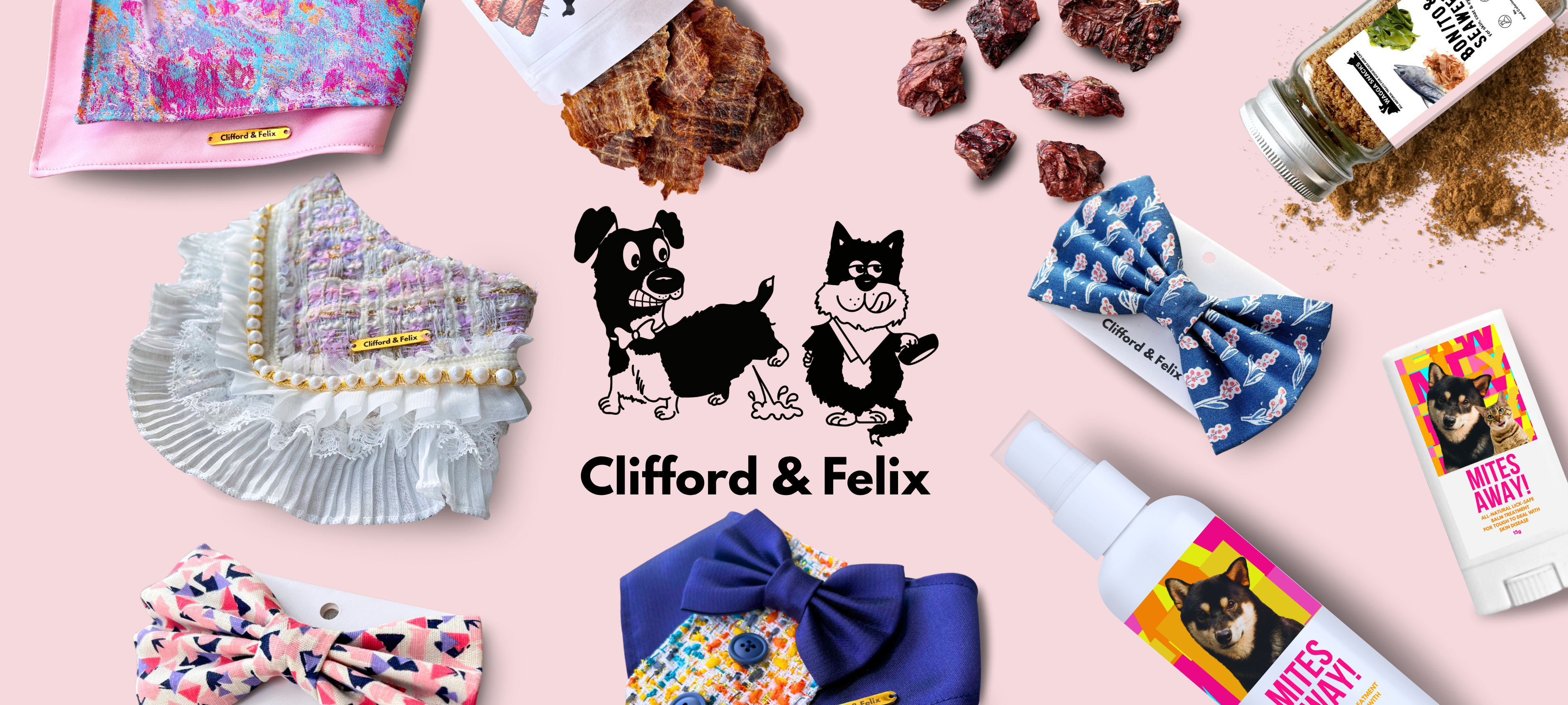 Collage of pet products with 'Clifford & Felix' branding on a pink background