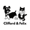 Black and white illustration of two cartoon dogs, Clifford and Felix, with the text 'Clifford & Felix' below them.